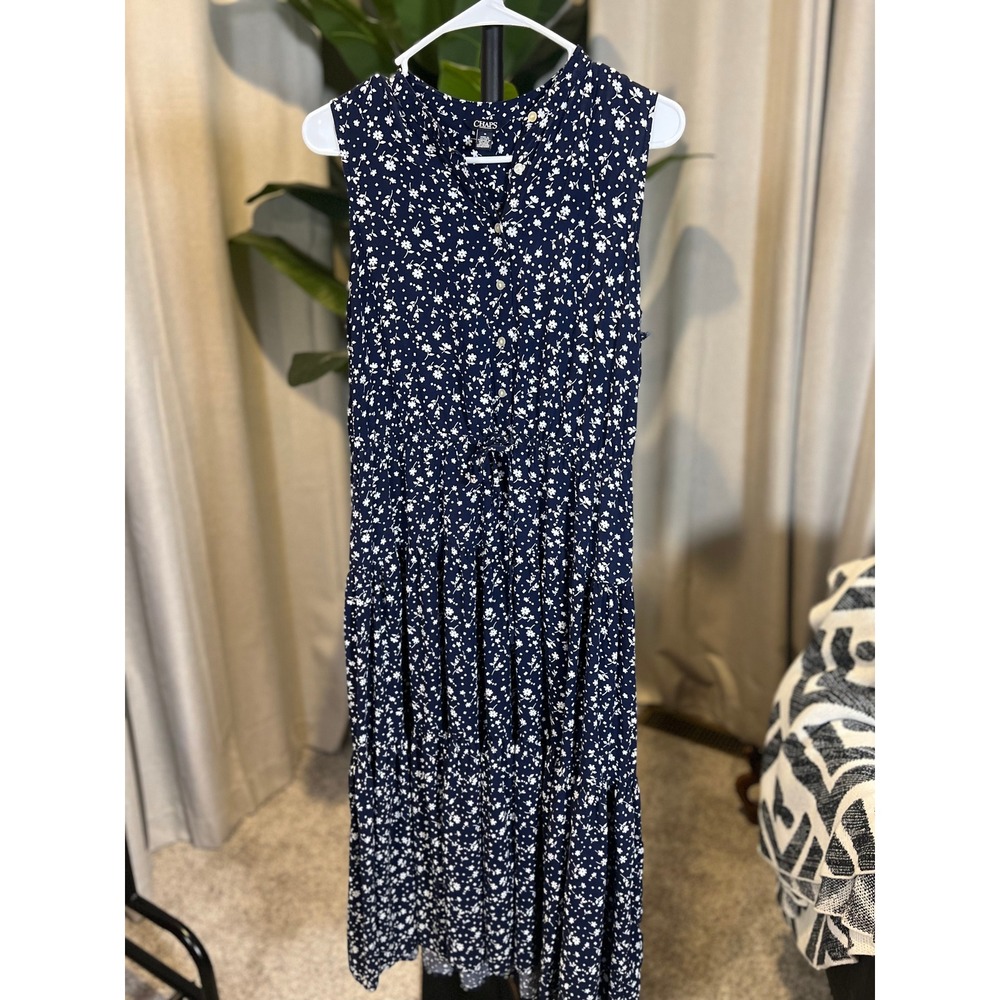 Chaps Womens Navy Blue White Floral Tiered Sleeveless Midi Dress Size Medium